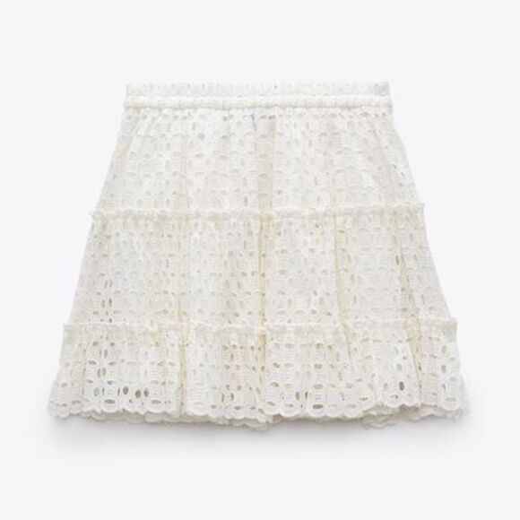 Zara white openwork embroidered ruffle mini skirt - Picture 5 of 9
